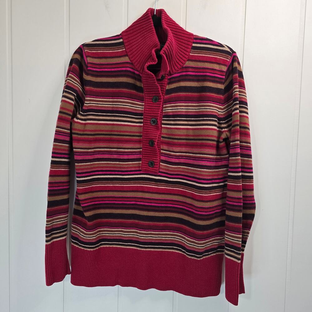 Eddie Bauer women's red striped mock button-neck sweater cotton blend Size XL